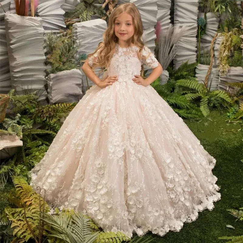 

Ivory Lace Appliques Flower Girl Dresses Kids Party Dress Half Sleeves Puffy Princess Dress Bow First Communion Dress