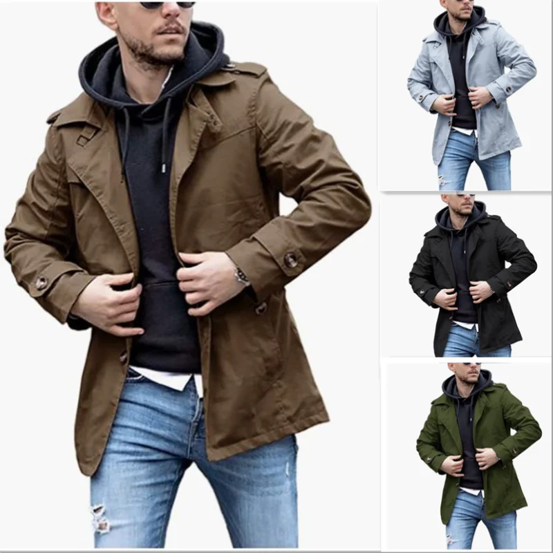 Streetwear Thin Jackets Man Matching Single-breasted Solid Jacket Mid-length Coats With Epaulettes Men\'s Clothing For Autumn