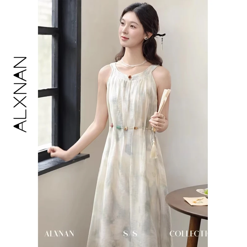 Alxnan vestido feminino sem mangas longo verde mancha frisado cintoshe vestido 2025 verão férias praia elegante roupas femininas l38701