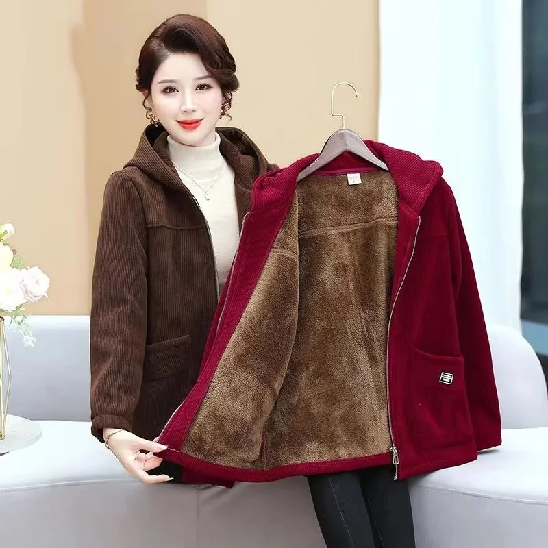 4XLSpring Autumn Middle Aged Elderly Mothers' Fashion Hooded Coat Casual Fleece Jacket Large Size Women Casual Corduroy Outwear