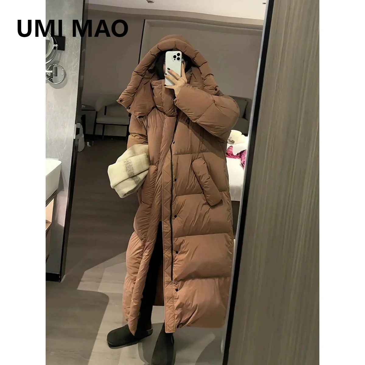 UMI MAO Long Knee Length Hooded Down Jacket Women Winter 2024 New Korean Version Loose Blanket White Goose Down Jacket