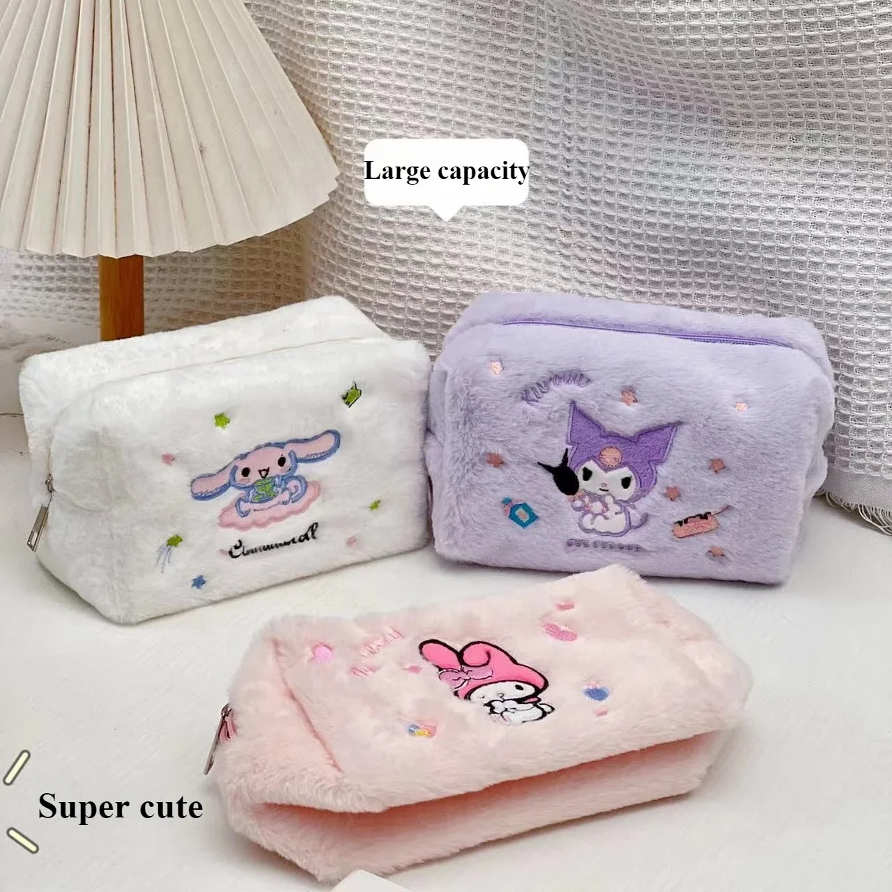 Sanrio Kuromi Plush Cosmetic Box Pochacco Portable Dormitory Washing Bag Cinnamoroll Student Large Capacity Stationery Pen Bag