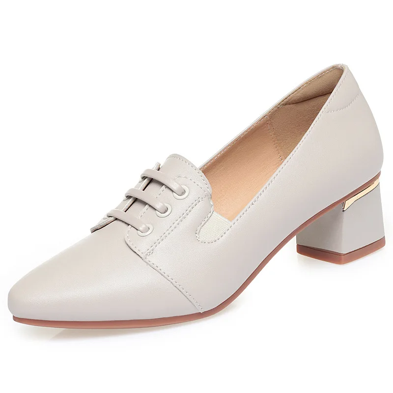 All Match Pointed Toe Breathable Comfortable Soft Leather Shoes Women Loafers 2025 Fall Square Heels Shoes for Daily Mom Work