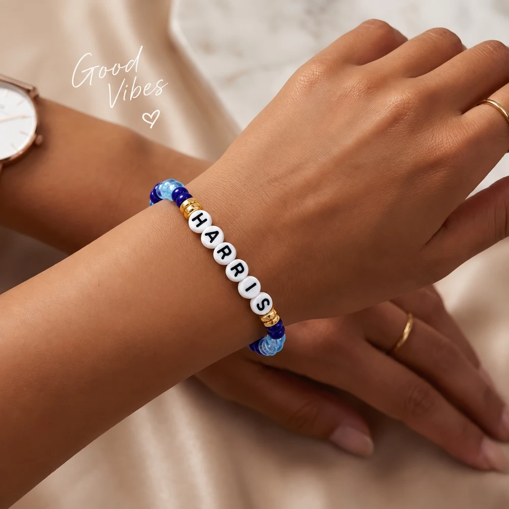 1pc Glass Beaded Letter Bracelet Blue and Purple Round Beads White Alphabet HARRIS Design 17.5cm Trendy Unisex Strand