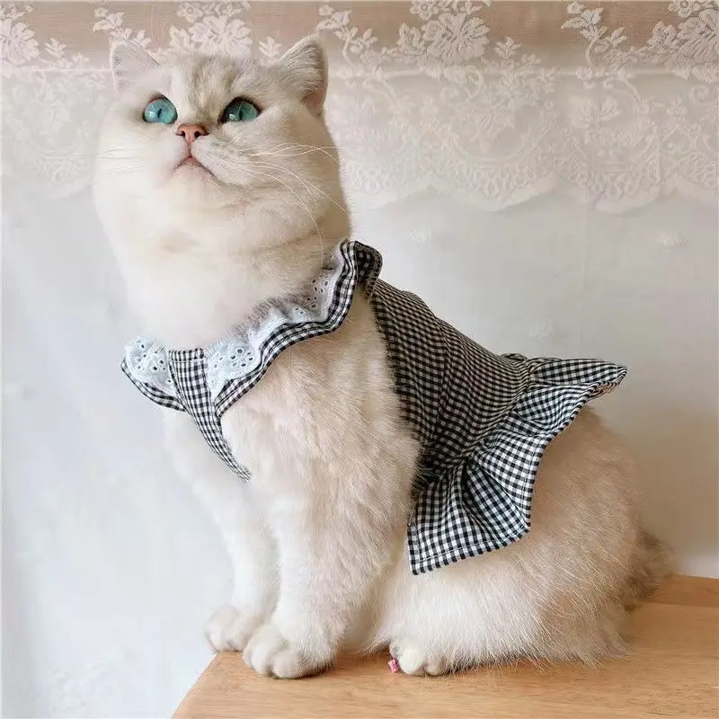 Spring Summer New Little Flying Sleeves Cat Dress Checkered Pet Vest Skirt Dog Clothes Girl Heart Cat Clothes