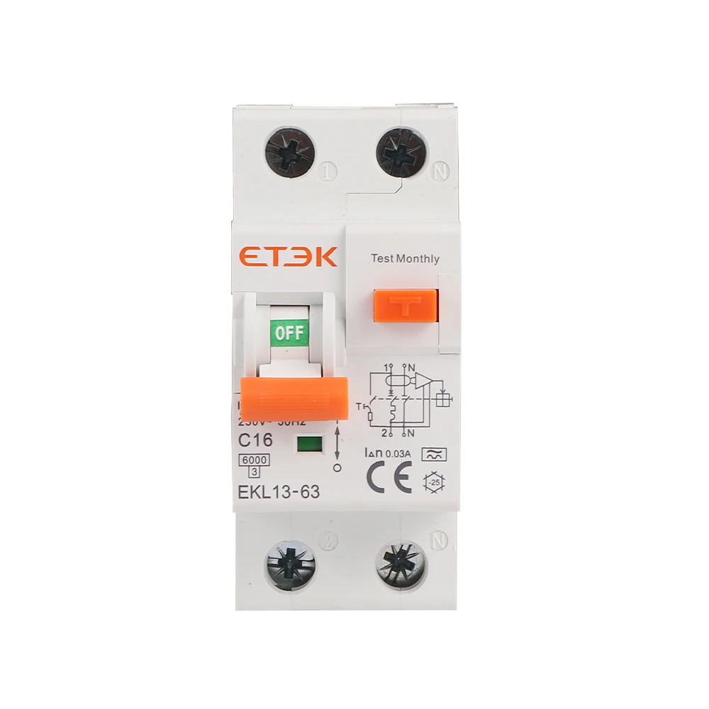 

ETEK Low Voltage A Type 30mA 2P Residual Current Circuit Breaker MCB 230V Overload Short Current Leakage Protection RCBO EKL13