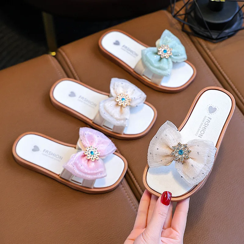 Summer New Children's Slippers Girls Shoes Kids Stylish Versatile Bow Beach Shoes Flip-Flops Outdoor Non-Slip Sandals Slippers