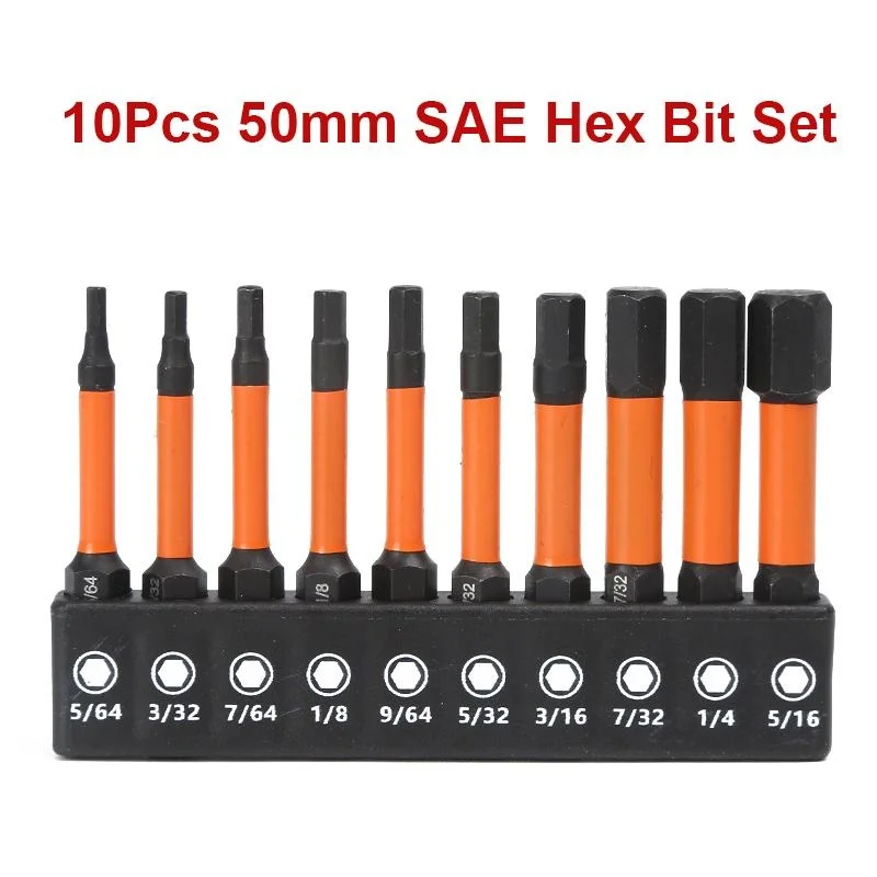 

10Pcs Allen Wrench Drill Bit Set 50mm Hex Screwdriver Bits 1/4 Inch Hex Shank Magnetic Metric SAE Hex Key Socket Bit