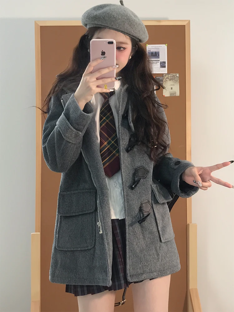 

Зимнее женское шерстяное пальто в корейском стиле для повседневной носки, с длинными рукавами, однотонное, с капюшоном и пуговицами-клевантами, верхняя одежда