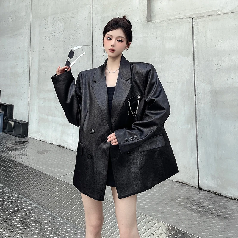 SuperAen Korean Style Autumn New Designed Leather Suit Jacket Luxury Double-breasted Solid Color Shoulder Pad Blazer