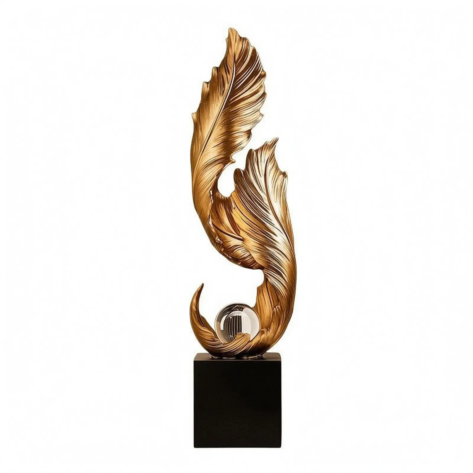 Golden Feather Statue Decorated with Multiple Layers Ornament on a Stand
