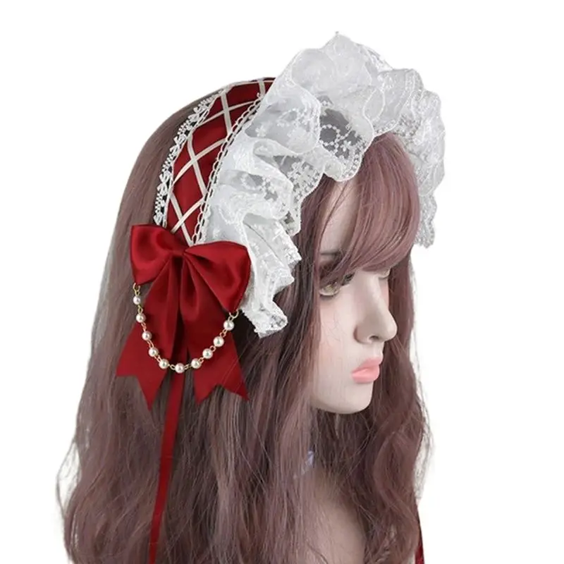 Sweet Lolita Bowknot Maid Headdress Ruffled Lace Headpiece Japanese Style Headband For Women Maid Headdress Dress Accessories