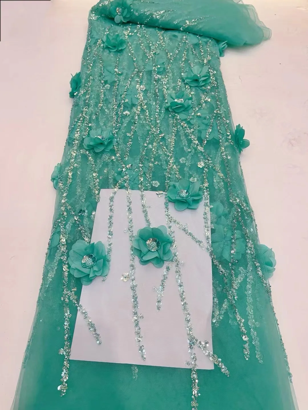 

2024 Latest Green Color 3D Flower French Wedding Dress Algeria Embroidered With Beads Sequins 5Y