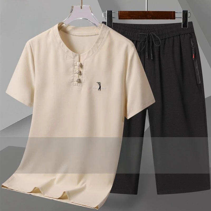 Men's Spring Summer Suit Short Sleeve Shorts Seven Pants Ice Silk Breathable Pure Color Simple Comfortable Versatile Slimming