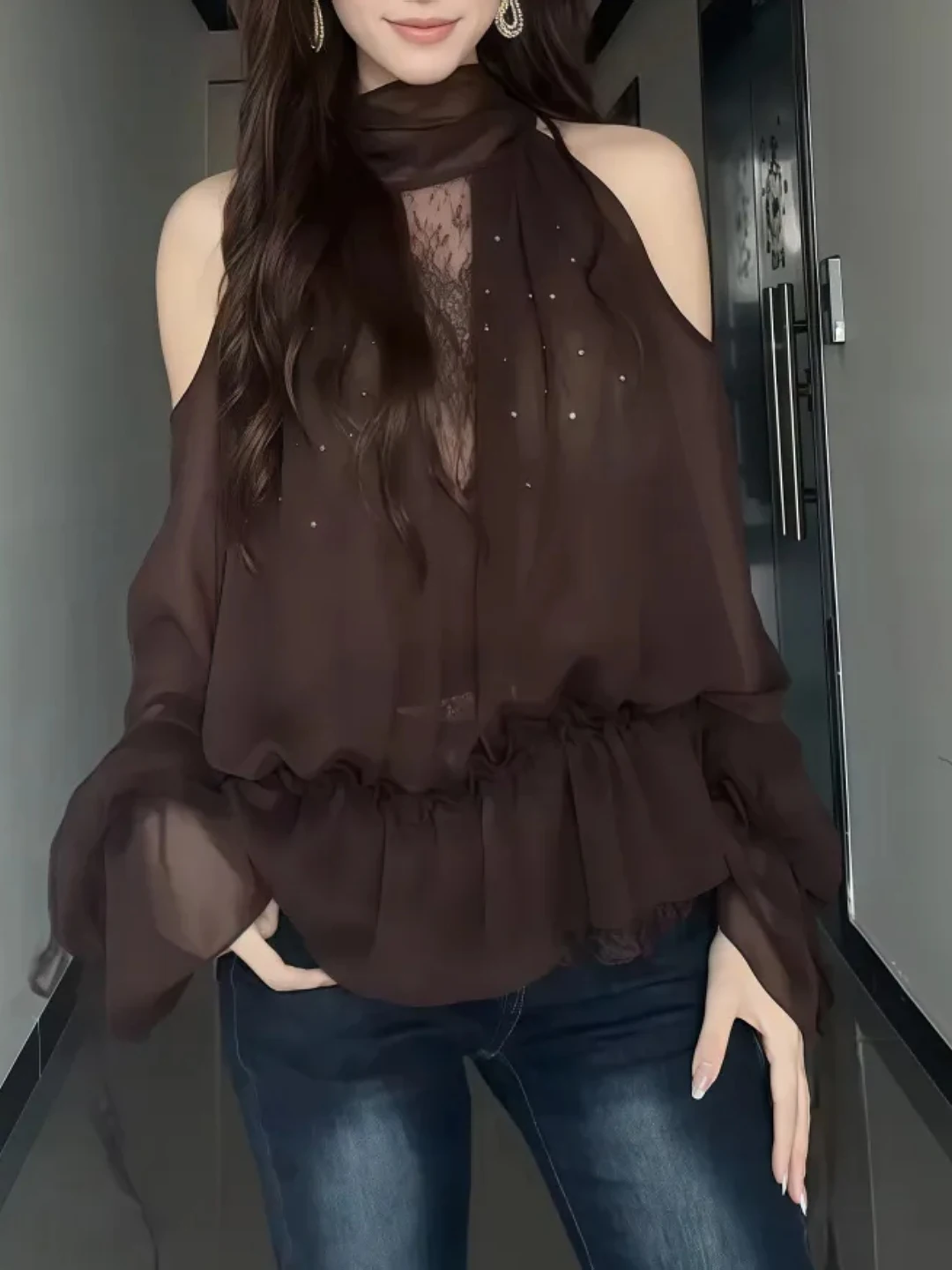 

Sexy Spicy Girl Design Diamond Netting Chiffon Shirt Women's Summer New Elegant Age-defying Beautiful Top Korean Style Loose Fit