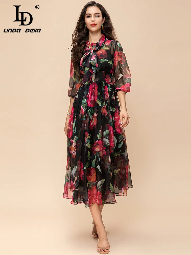 Imagem -03 - Linda Della-midi Vestido com Estampa Floral para Mulheres Vestido Midi Estilo Vintage com Gravata Borboleta e Manga Lanterna Melhor para Festa Férias de Verão 2023 ld