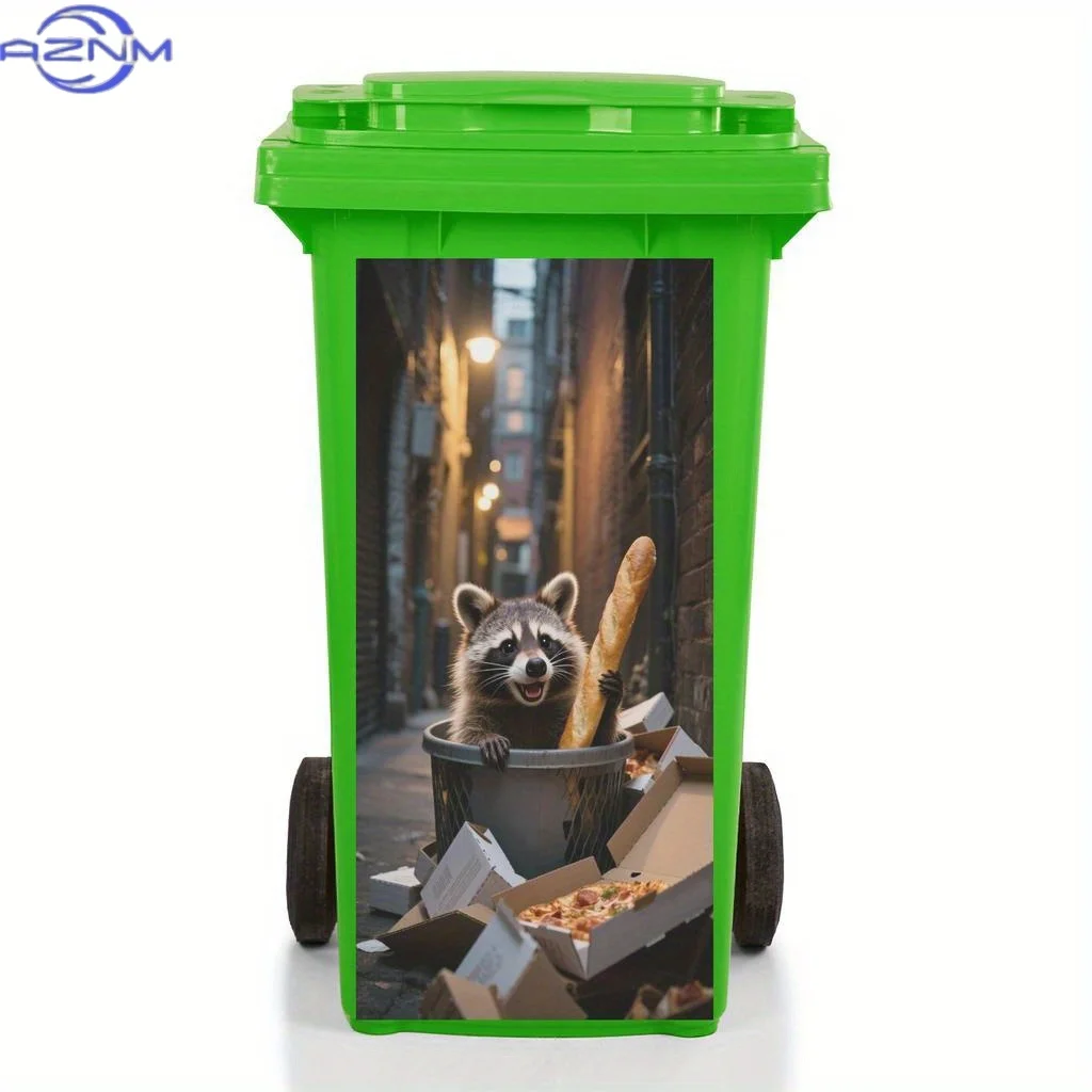 1pc 2D Flat Cartoon Raccoon Trash Can Sticker, PVC Self-Adhesive, Waterproof! Suitable for Kitchen, Bathroom, Bedroom, Living