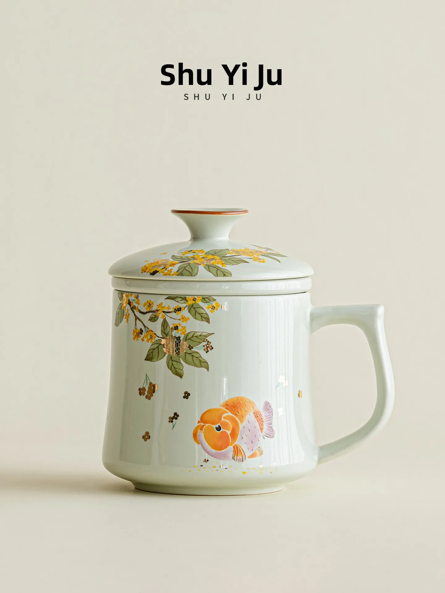 

Cerc Infused Tea Cup with Lid Office Water Cup Home Drinking Cup Wood A Glazed Single Ear Handle Design