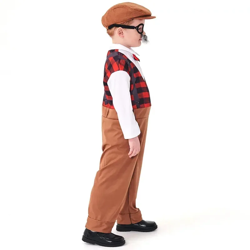 Beard Centenarian Halloween Cosplay Costume for Boy Plaid Jumpsuit With Hat Glasses Suit Kids Children Day Show Grandpa Costume