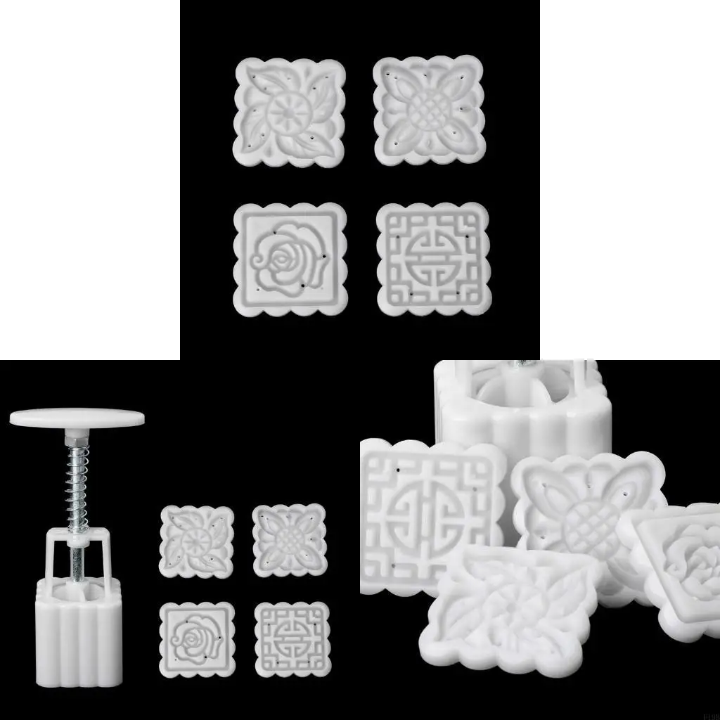 F19B 5Pcs Stamps 50g Square Flower Moon Cake Mold Mould Pastry Mooncake Hand DIY Tool