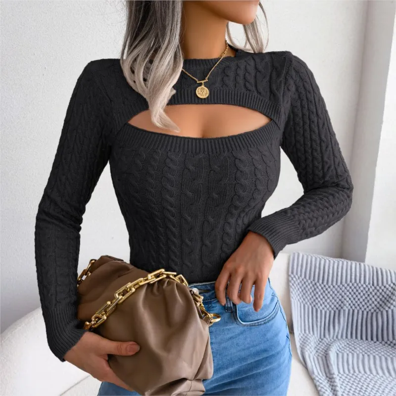 New Autumn And Winter Women\'s Fashion Hollow Out Fried Dough Twists Long Sleeve Sweater Round Neck Solid Fit Women\'s Wear 2024