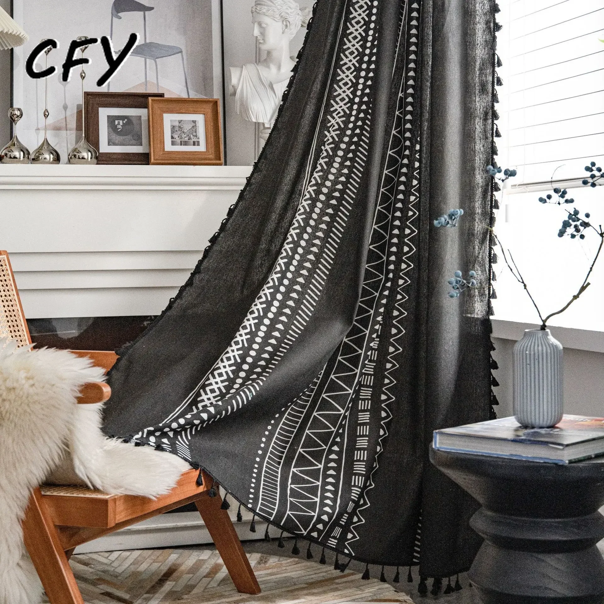 Cotton Linen American Geometric Blackout Window Curtains with Tassel for Bedroom Kitchen Curtains Country Living Room Curtain