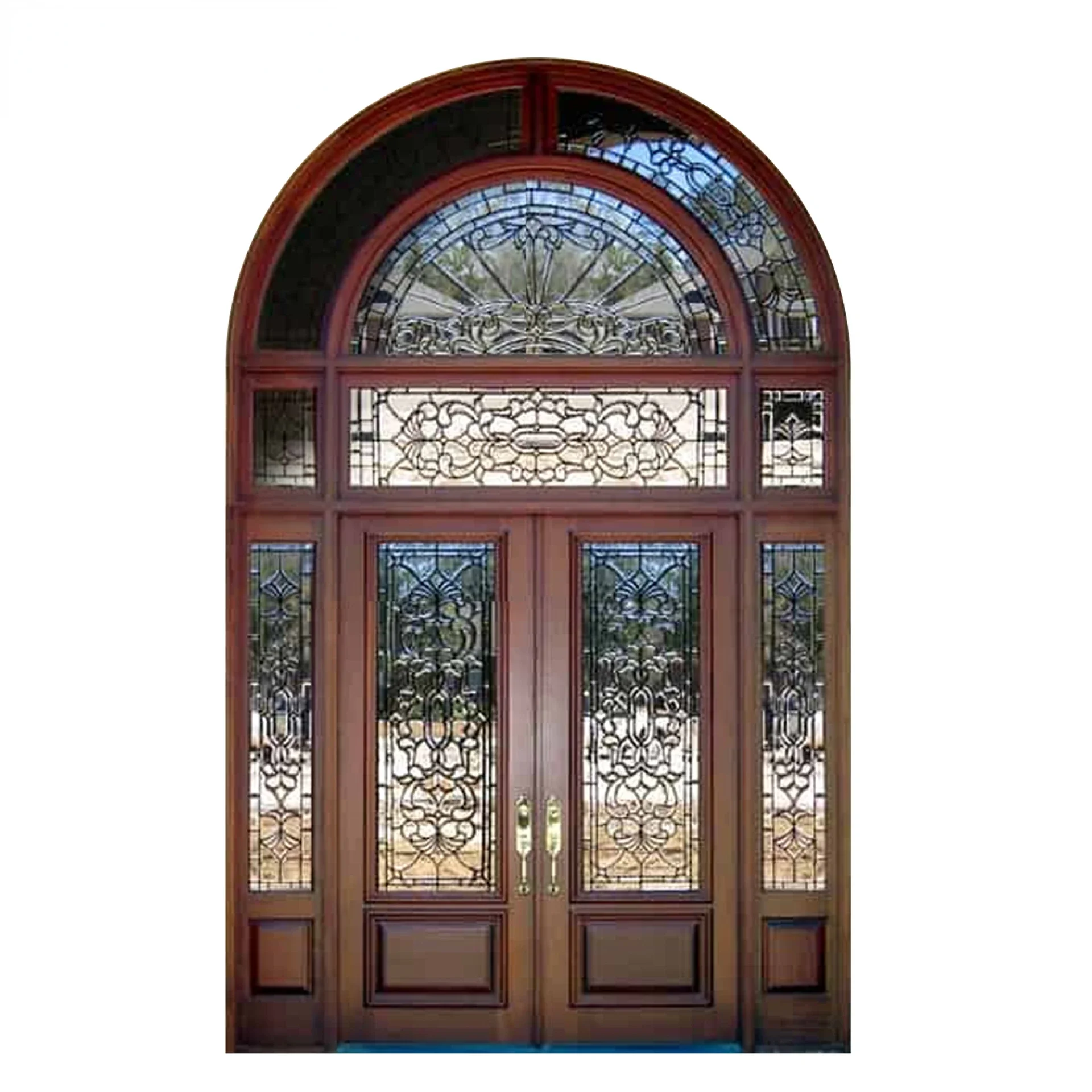 The American arched top glass is inserted into a crack free solid exterior wooden traditional front door design