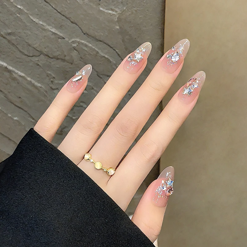 10 stuks naakte kleur druk op nagels glitter ster maan strass decoratie nepnagels lange amond draagbare manicure nageltips