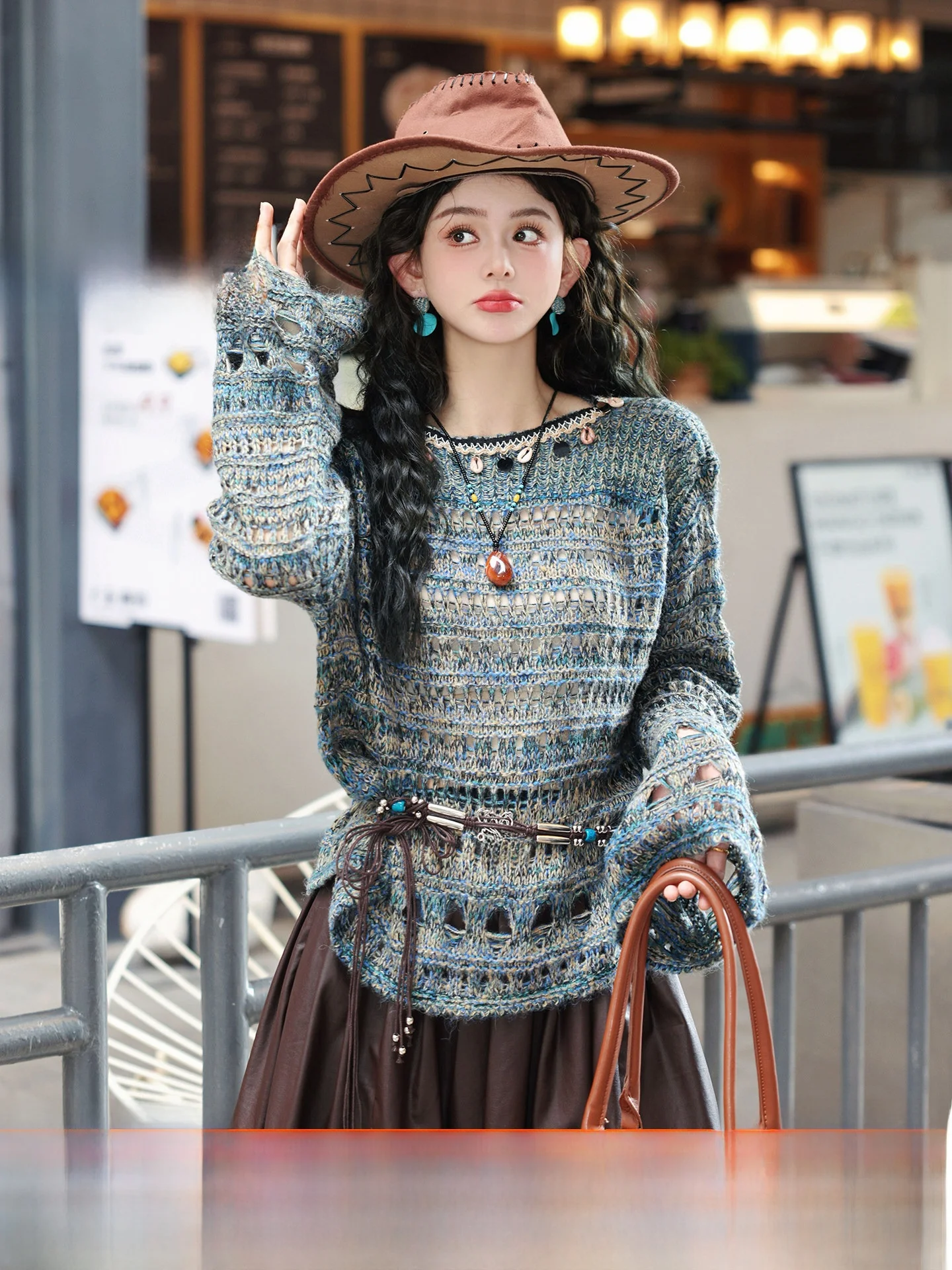 

Chen Jiajie Vintage Hollow out ell Long Sve Knitted Top Women Loose Spring Faion Casual Soft Polyester Nylon Wool Blend