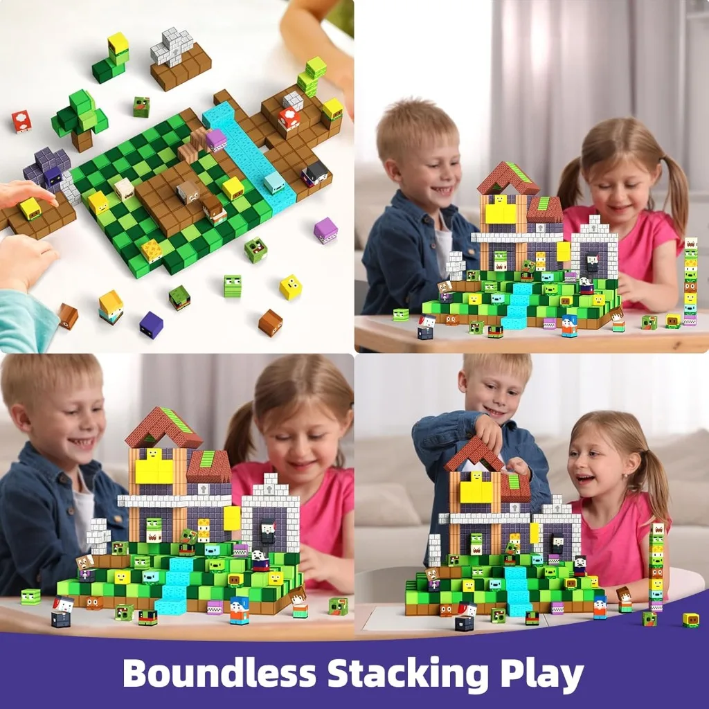 Blocs de construction magnétiques boîte de rangement ensemble couvercle peut contenir des figurines aimant Cube brique Pixel style modèle plaque de base jouets garçon enfant cadeau