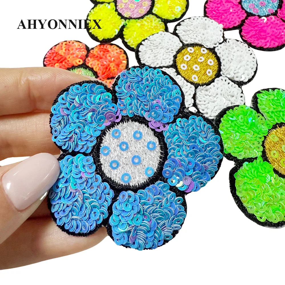 5pcs/Lot 6CM*6CM Shining Pink Green Yellow Blue Orange Sequins Flower Parch For Costume Dress Coat Iron On Patch for Clothing view 5