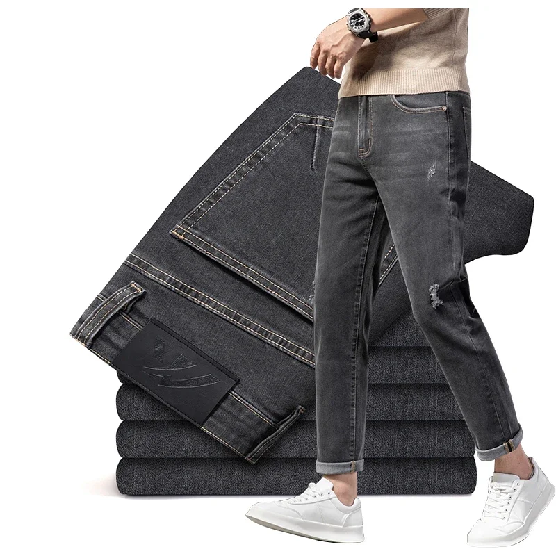 

Autumn New Men's Slim Straight Leg Jeans Ripped Holes Design Ankle Length Stretch Casual Denim Pants Fashion Streetwear 28-40