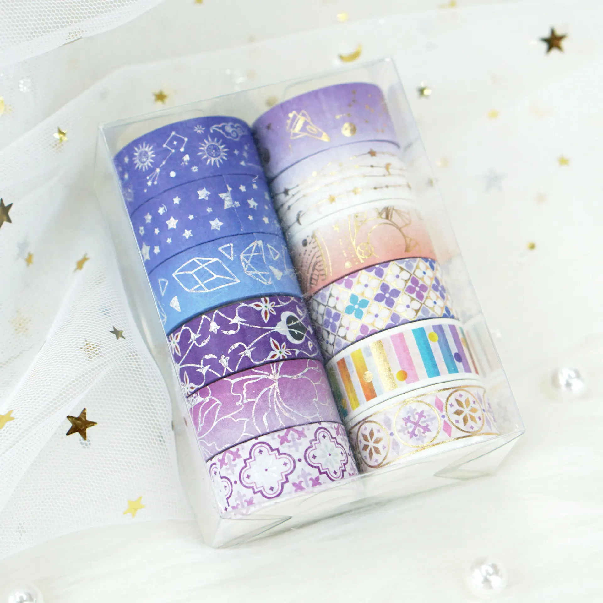 12 Rolls Set Purple Constellation and Paper Tape Bronzing Silver Star Universe Hand Account Sticker