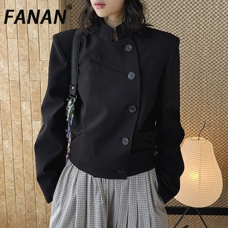 

FANAN Irregular Design Stand Neck Blazers Women's Single Breasted Office Lady Fit Jackets Fashion Coats Female 2026 Spring New