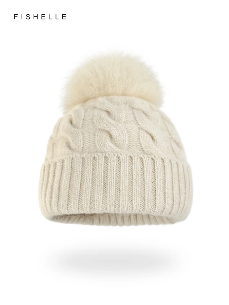 New Cream Beige Cashmere Hat Women\'s Winter Thickened Warm Knitted Woolen Beanie Fox Ball Pure Cashmere Cap Female Luxury Gifts