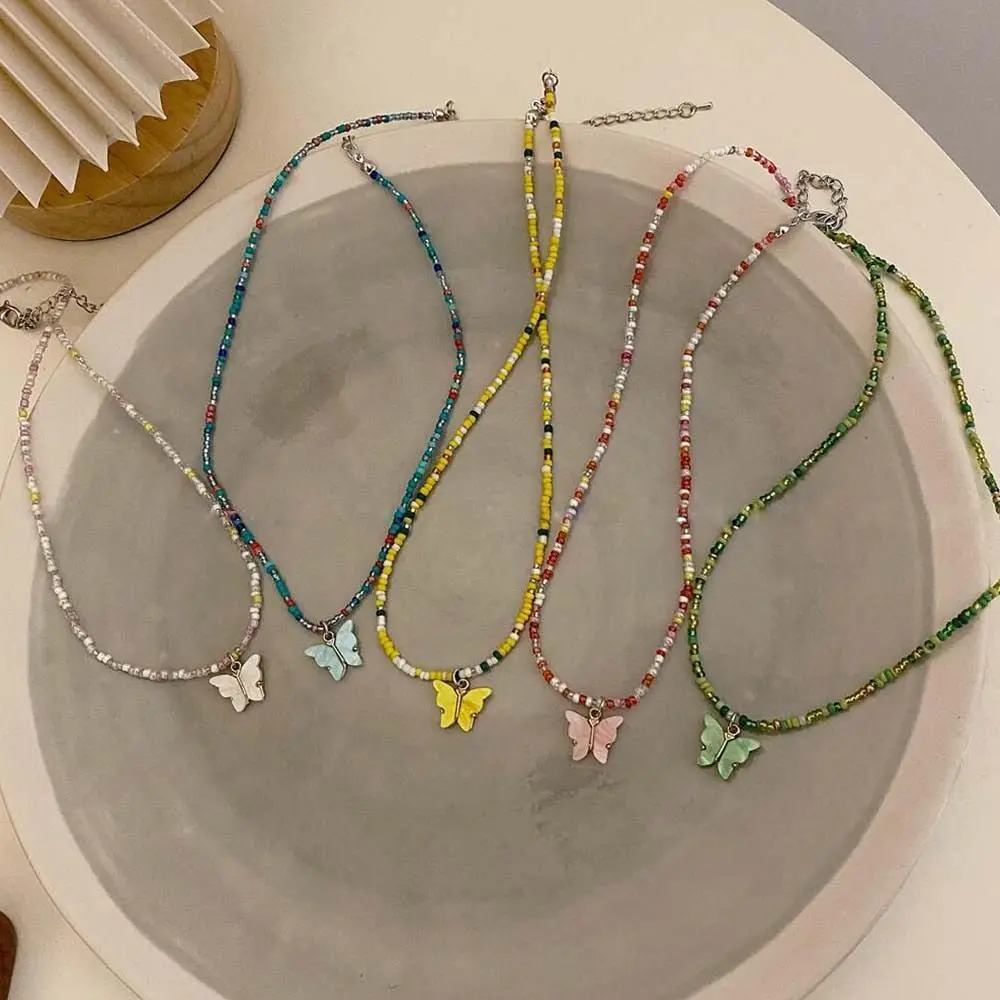 Korean Y2k Candy Color Butterfly Pendant Rice Beads Necklace For Women Sweet Girls Dopamine Clavicle Chain Fashion Jewelry