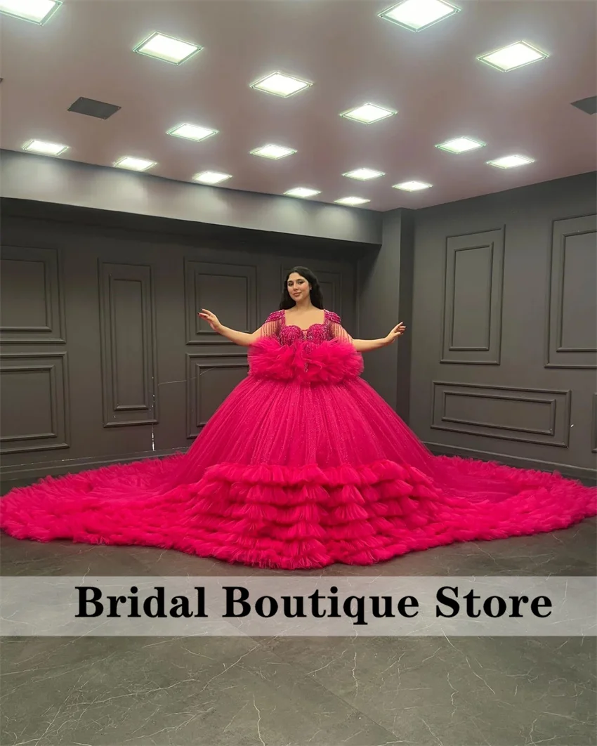 Fuchsia Puffy Beaded Quinceanera Dress 2024 Off Shoulder Princess Crystals Ruffles Beads Tassels Vestidos De 15 Quinceañera