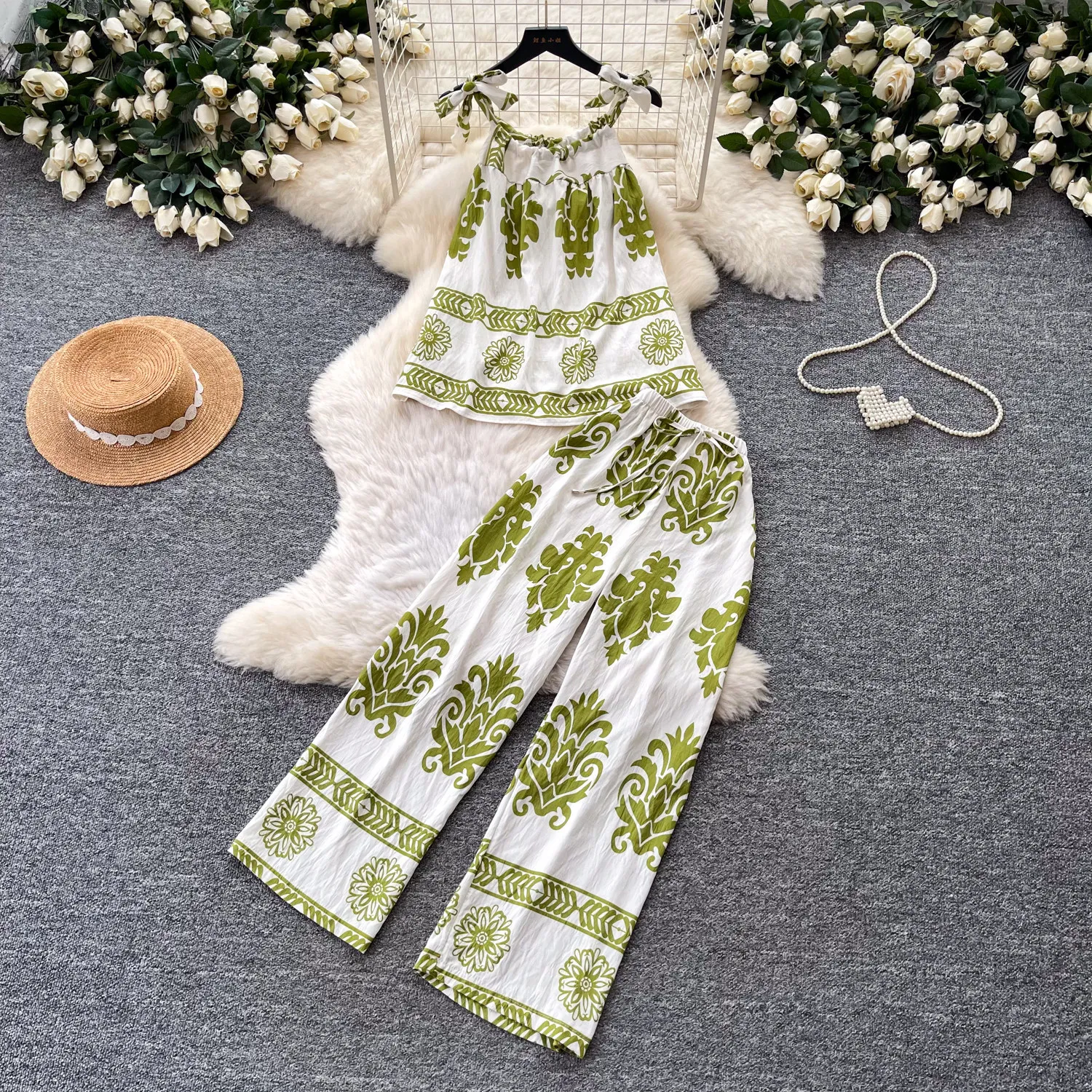 

Pant Set Women Two Piece Sets Sling Sleeveless Print Casual Loose Top Wide Leg Long Pants Elastic Waist Y2k Streetwear Elegant