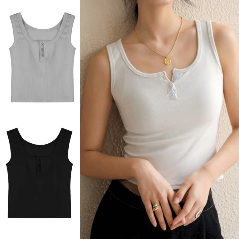 تانك الأعلى للنساء مضلع زر أسفل بلوزة بلا أكمام بلون عارضة المرأة المراهقين العصرية الأساسية الصيف بروتيل #3