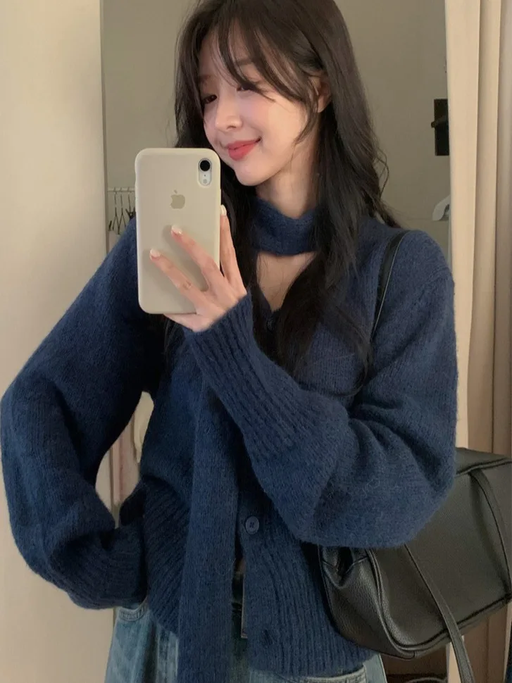 

Chic Autumn Winter Vintage V-ne Single Button Versatile Slimming Long Sve Soft Cozy Knitted Jaet with Scarf Korean Sle