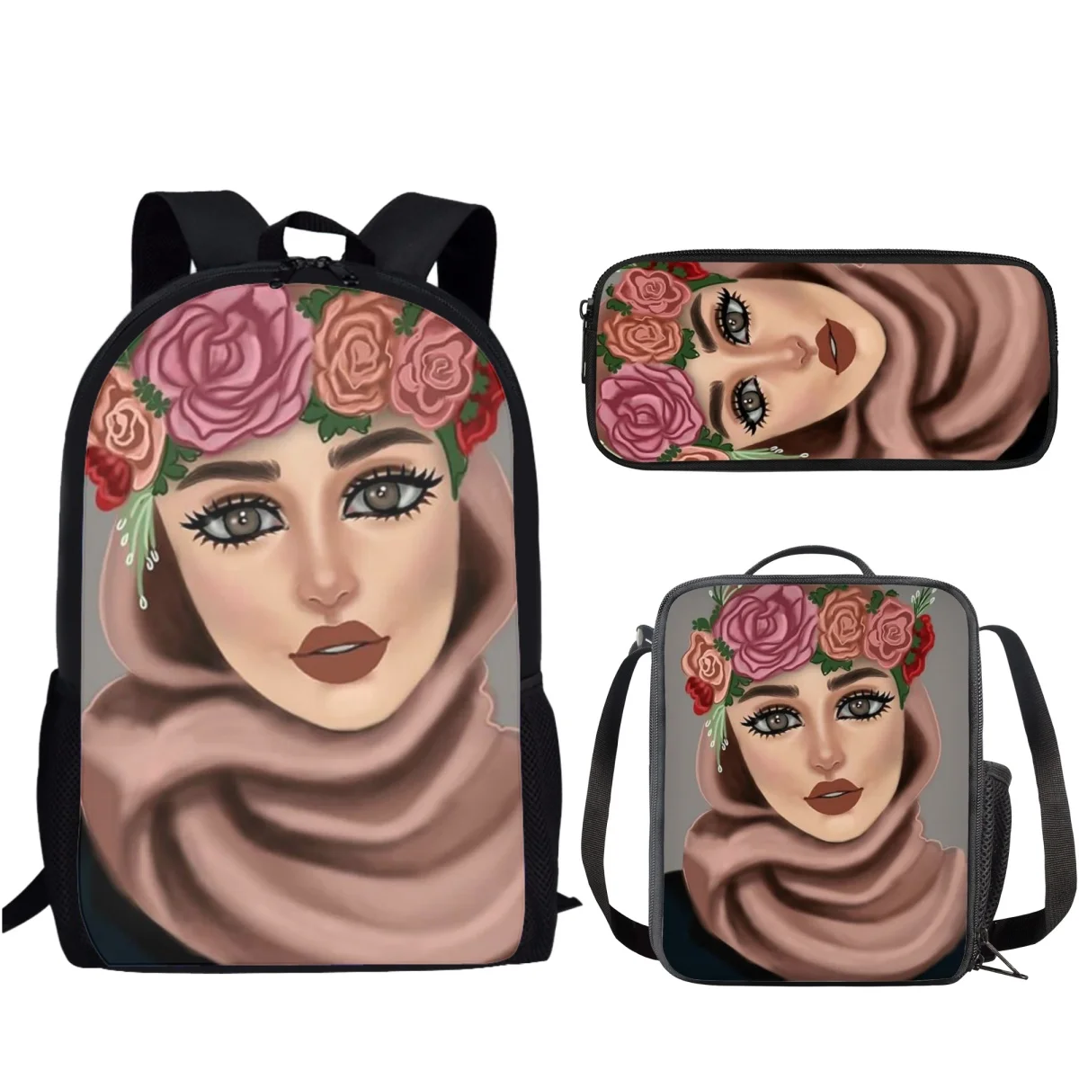 Face Muslim Islamic Girl Eyes 3 Set School Bag Lightweight Backpack for Teen Boys Girl Casual School Bag Lunch Bag Pencil Case