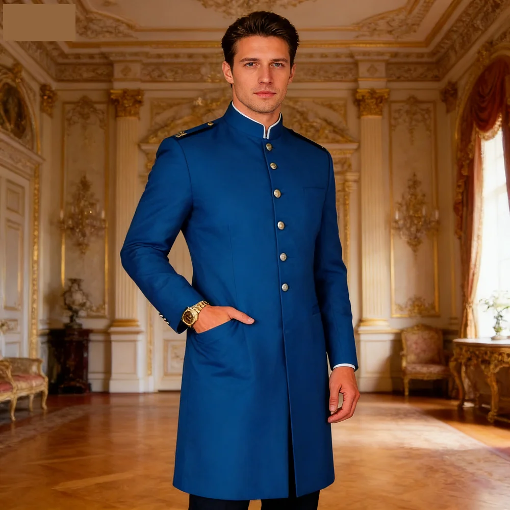 

Костюм для жениха и свидетелей на свадьбу, 2 шт., синий, с уникальным воротником, однобортный, длинный пиджак и брюки, приталенный крой, мужская одежда для церемоний