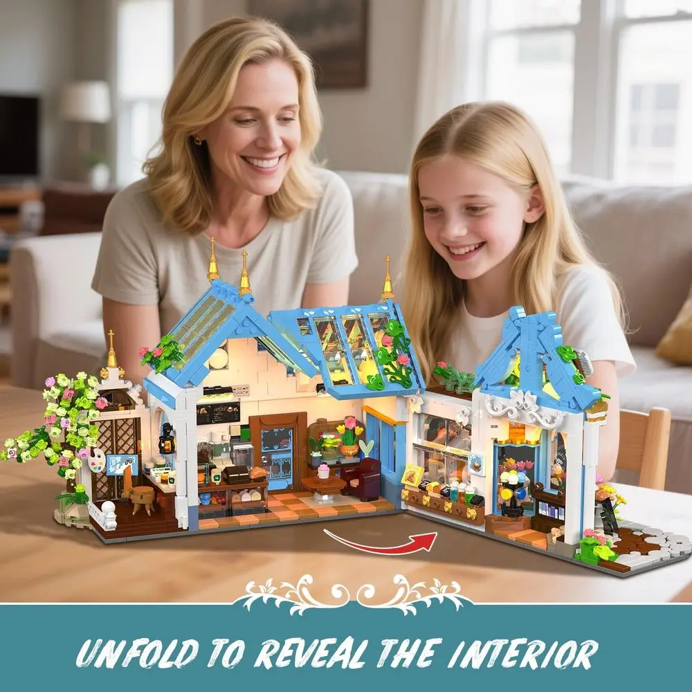 Botanical LED Coffee House Building Kit, 1520-Piece Floral Architecture Model for Home Decor and Gifts, Suitable for Ages 12+