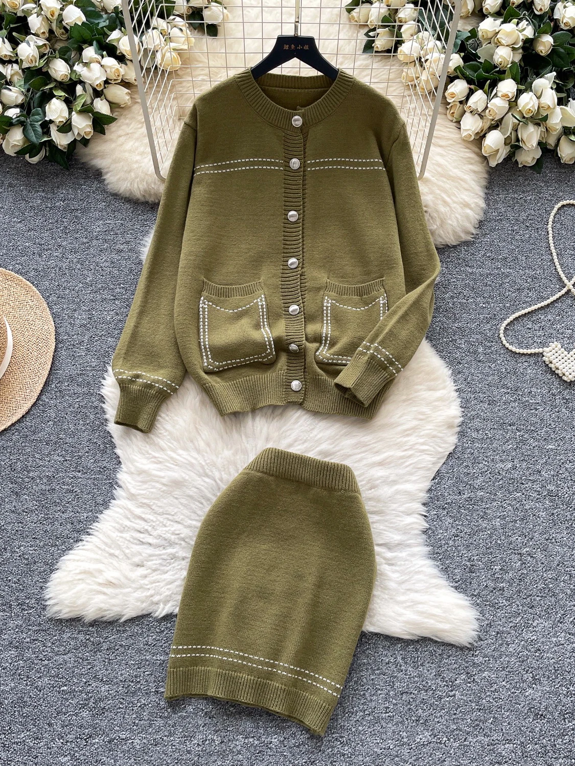 

Casual Knitted Long Sve Slim Fit Set Women's Loose Sle Autumn Winter Faion Ensemble Tight Skirt And Long Pants