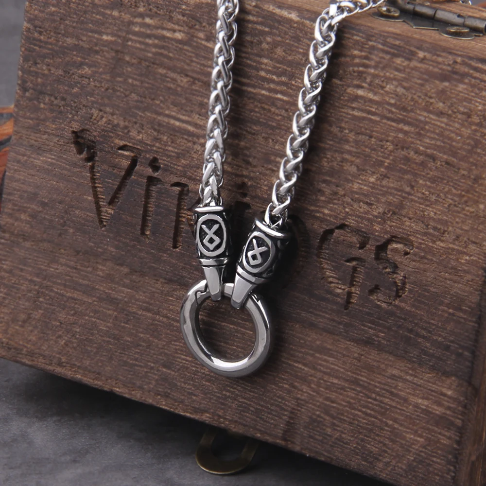 Nordic Viking Rune with Open Round Clasp Pendant Necklace Stainless Steel Chain with Wood Box