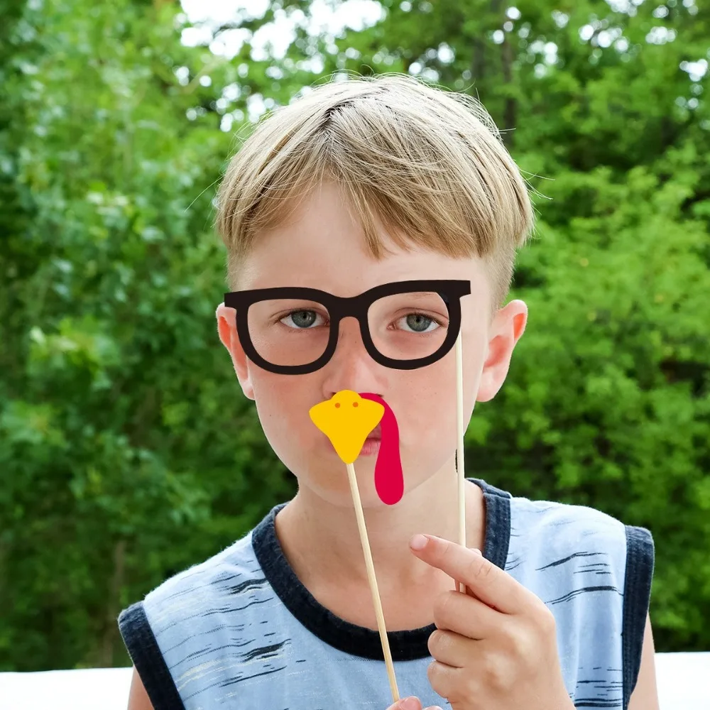 21pcs Cartoon Thanksgiving Photobooth Prop Glasses Mask Party Paper Frame Pumpkin Turkey Autumn Leaves Handheld Frame Prop
