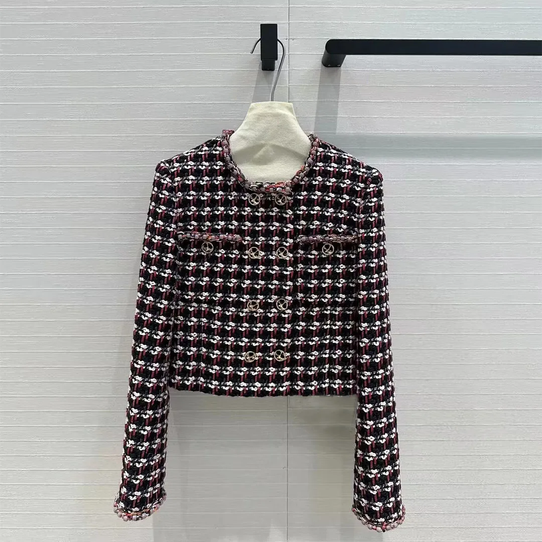 2024 New Vintage Plaid Woven Twill Tweed Jacket Women Beading Edging O-neck Long Sleeve Pockets Gold Deer Buttons Sweet Coat