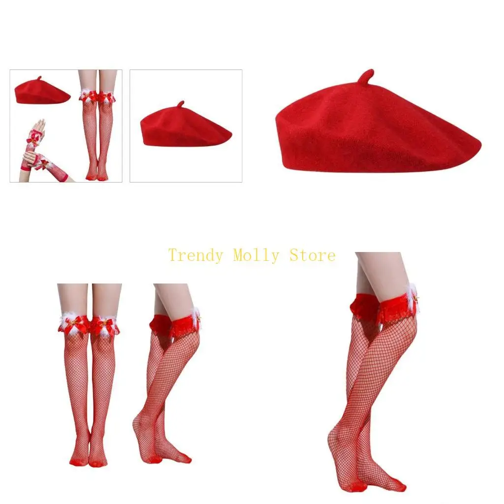 

N5KB Adult Christmas Hat with Mesh Stocking & Gloves Set Traditional Red Cosplay Santa Supplies for New Year Presents