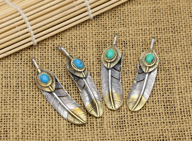 

S925 pure silver Thai silver jewelry with Japanese and Korean feathers inlaid with turquoise copper plated male and female penda