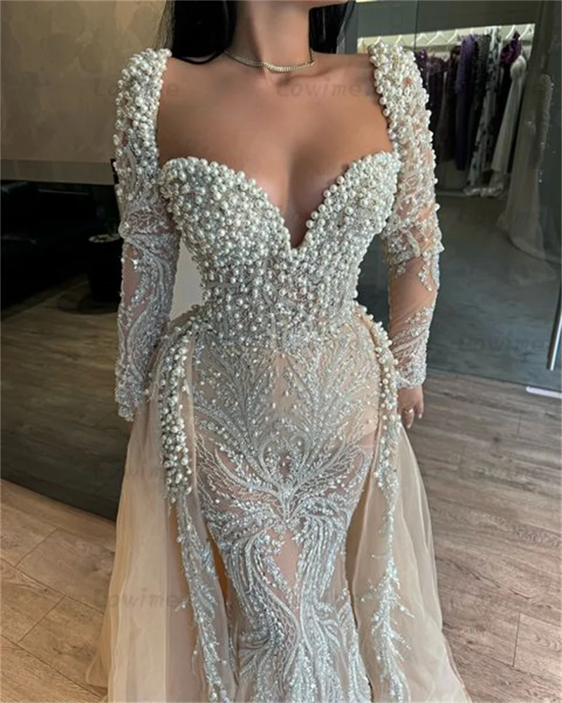 Champagne Aso Ebi 2 In 1 Prom Dress Long Sleeves Beaded Pearls Evening Gowns Formal Party Second Reception 50th Birthday Dresses